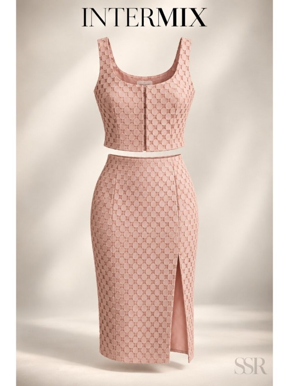 Intermix Blush Pink Embroidered Lace Crop Top Pencil Skirt and Top Set S NWT